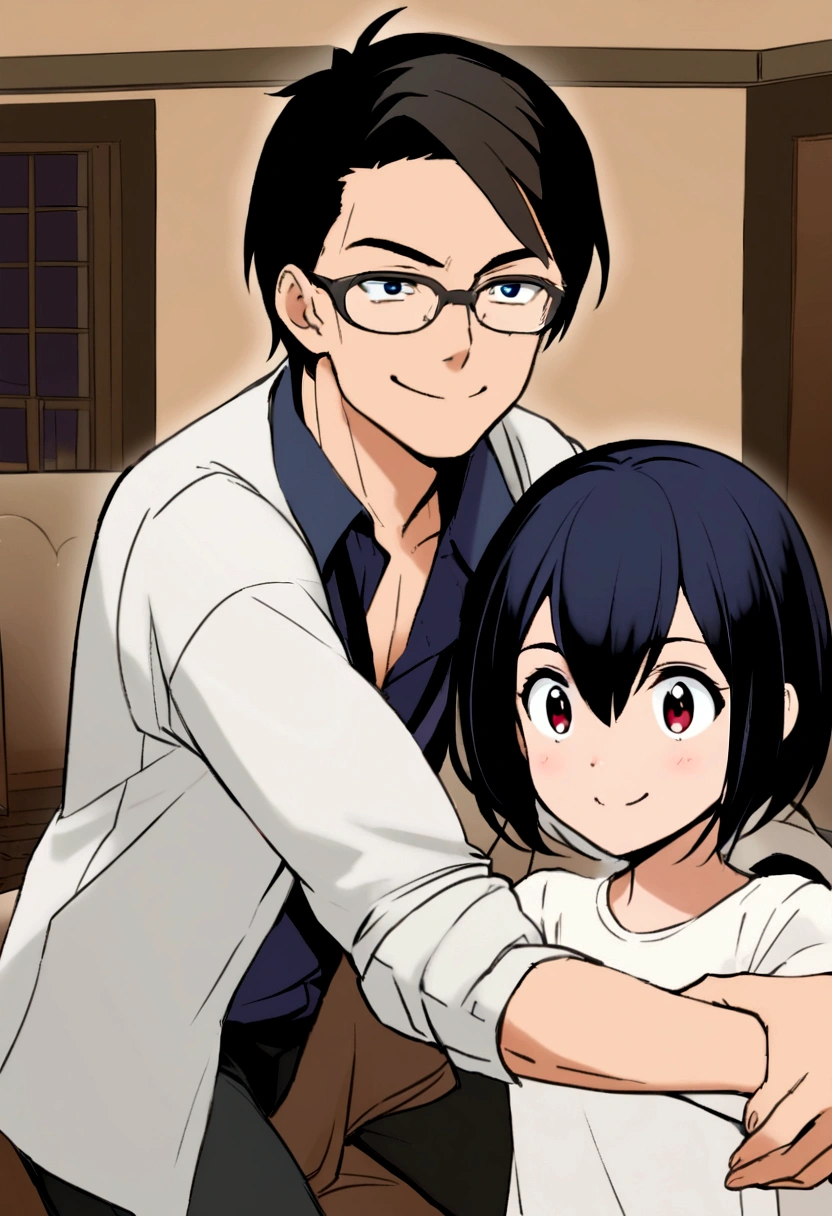 Draw an 11-year-old girl with medium brown skin, ojos cafes,pelo de color ????? recogido en una coleta ,vestida de una falda roja y,white shirt and smiling, hugging her black-haired dad,  medio moreno , formido,wearing a navy blue shirt with black pants and wearing glasses about 40 years old 