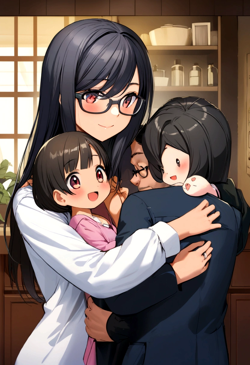 Draw an 11-year-old girl with medium brown skin, ojos cafes,pelo de color negro recogido en una coleta ,vestida de una falda roja y,white shirt and smiling, hugging her black-haired dad,  medio moreno , formido,wearing a navy blue shirt with black pants and wearing glasses about 40 years old 