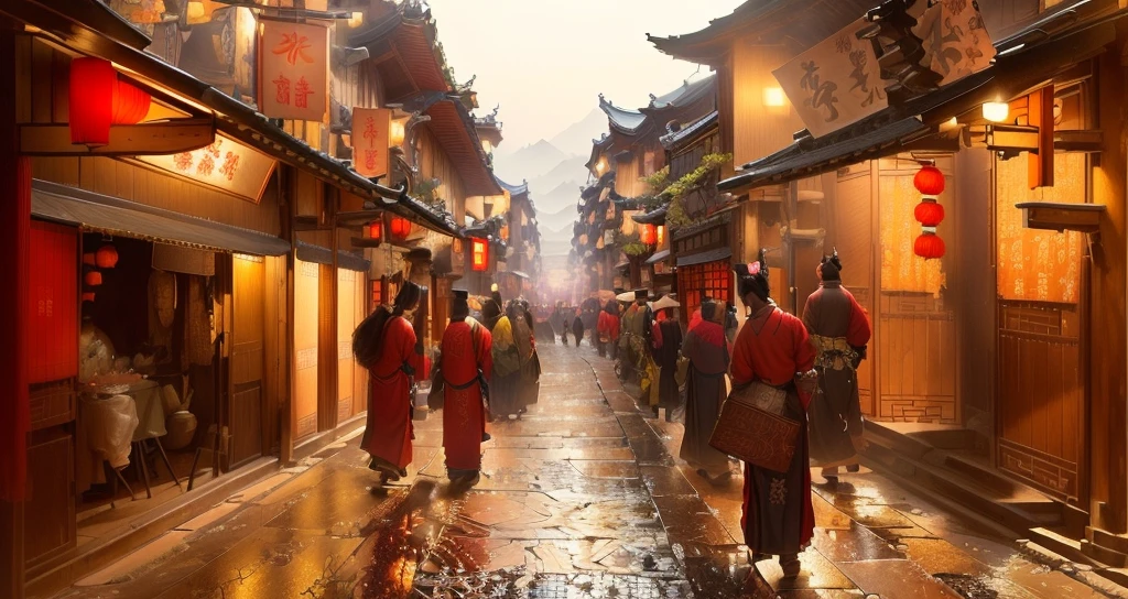 There are many pedestrians on the streets of the old town, traditional japanese Concept Art, Beautiful rendering of the Ming Dynasty, Dreamy Chinatown, Estilo de Raphael Lacoste, Old Chinese street market, Inspired by Zhang Sengyao, China Village, Concept Art rendering, inspired by Raphael Lacoste (Raphael Lacoste), Concept Art stunning atmosphere, Concept Art , Height Rendering, Feudal Chinese art