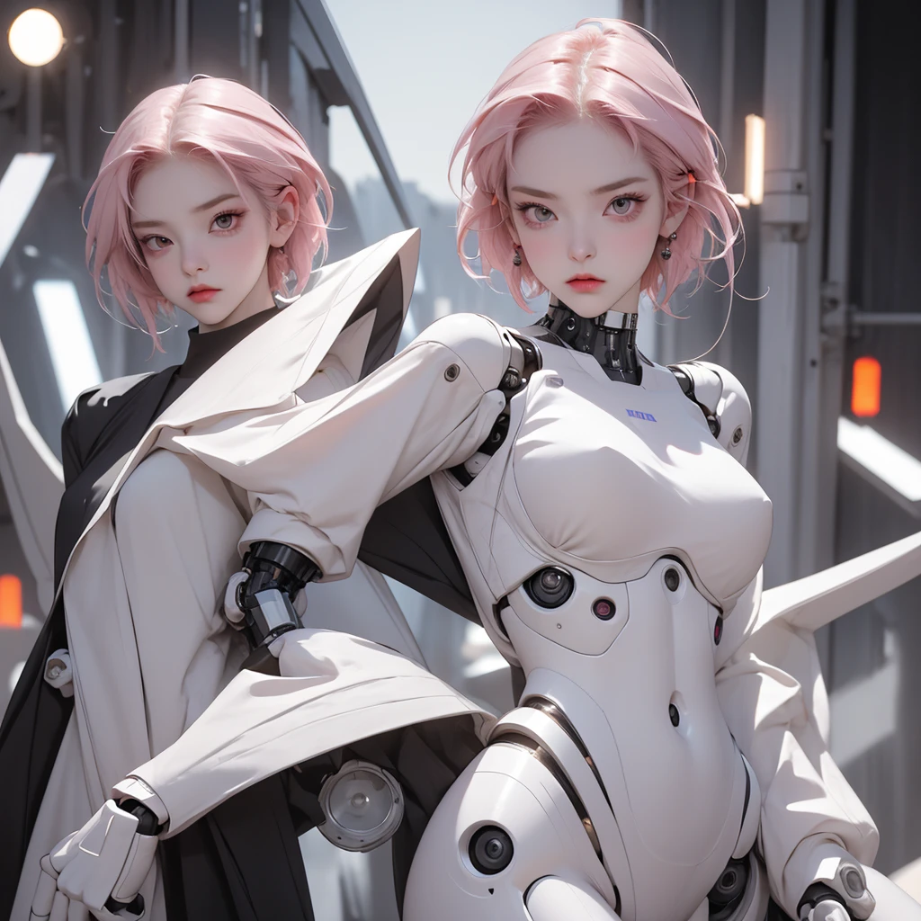 a girl with a full white robotic body, featuring sleek and high-tech components. She has short pink hair, purple eyes, and an angry expression. She wears a robot mask that partially covers her face, blending seamlessly with her polished mechanical limbs and torso. The subtle lights and mechanical joints of her body enhance the contrast between her human-like features and her robotic form.