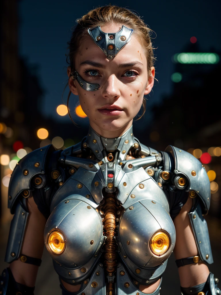 (best quality, masterpiece, highest detailed), (photorealistic:1.2), (detailed light:1.2), (Realistic skin texture:1.4), raw photo, professional portrait, cyborg, woman and cyborg, symbiosis, semi-mechanical head, cyborg mask, mechanical body , old rusty armor, powerful exoskeleton, night, Night City, dim light, dim color, gloomy lighting, (looks at the viewer)