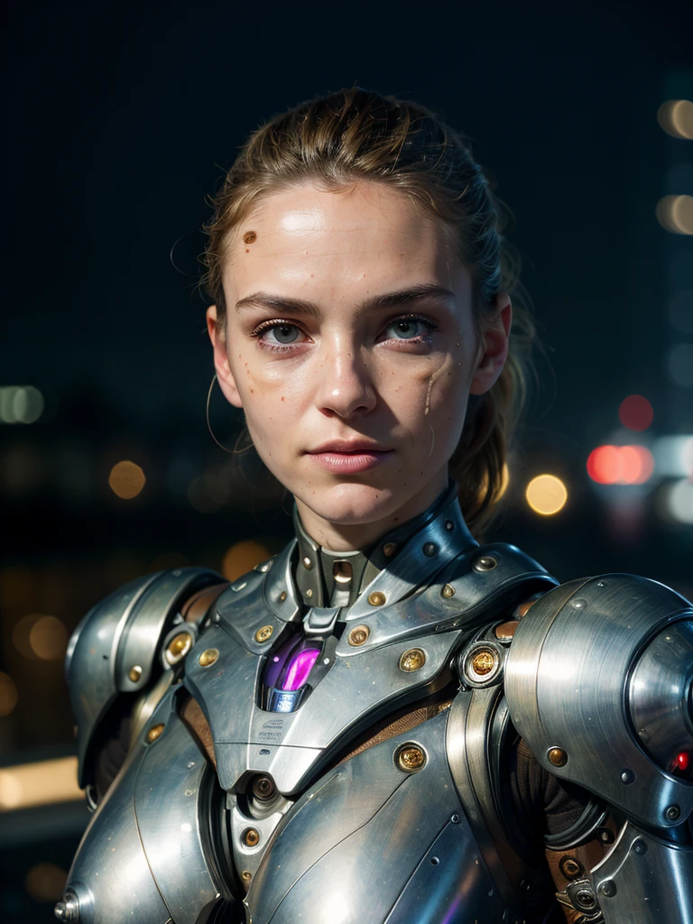 (best quality, masterpiece, highest detailed), (photorealistic:1.2), (detailed light:1.2), (Realistic skin texture:1.4), raw photo, professional portrait,  cyborg, woman and cyborg, symbiosis, semi-mechanical head, cyborg mask, mechanical body  , old rusty armor, powerful exoskeleton, night, Night City, dim light, dim color, gloomy lighting, (looks at the viewer)