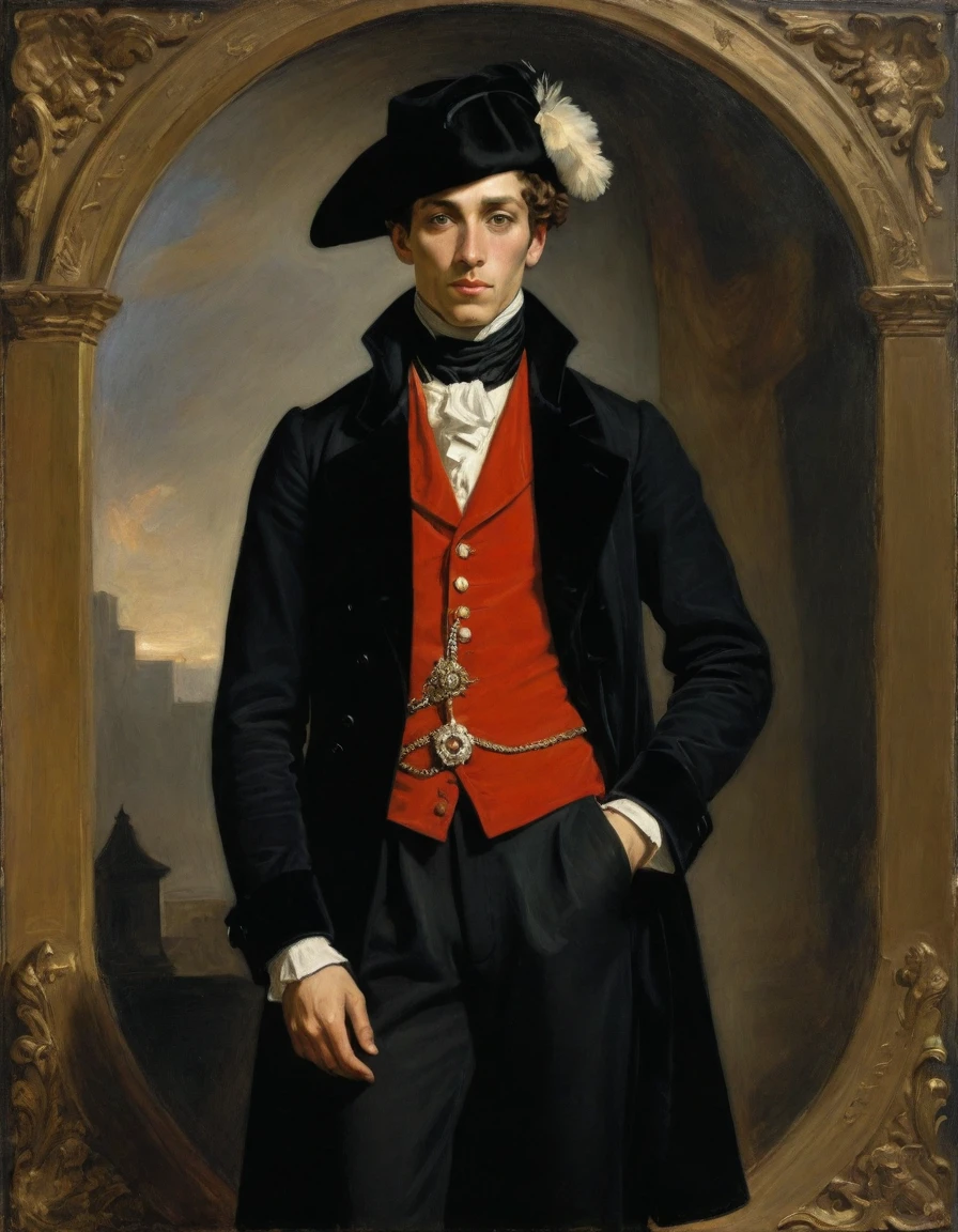 Design me a {{Colossal Masterpiece, high detail}}, a ((((full body portrait, male focus)))), ((by Théodore Géricault)), (by J. C. Leyendecker), the composition is: a very young male nobleman, sullen, facing viewer. He is wearing a fur hat. He is wearing a black Slavic caftan with Praetorian elements, sashes, medals, red diamond pendant
