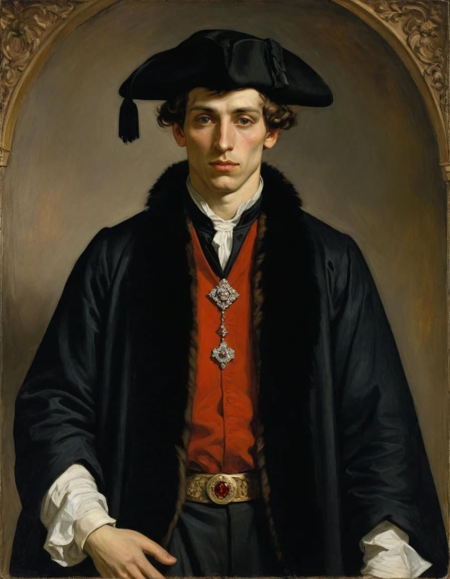 Design me a {{Colossal Masterpiece, high detail}}, a ((((full body portrait, male focus)))), ((by Théodore Géricault)), (by J. C. Leyendecker), the composition is: a very young male nobleman, sullen, facing viewer. He is wearing a fur hat. He is wearing a black Slavic caftan with Praetorian elements, sashes, medals, red diamond pendant
