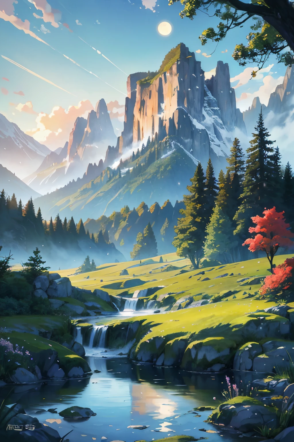 A captivating painting of a serene mountain landscape, à la Ross Tran's scenic background, featuring a flowing stream and a radiant full moon. This anime-inspired scenery artwork showcases a picturesque countryside landscape, perfect for an anime landscape wallpaper or a beautiful peace scene.

The landscape boasts intricate details, showcasing the beauty of the anime nature with lush greenery, manicured grass, and delicate flowers adorning the valley floor. The mountain chain in the distance is characterized by rugged cliffs and a soft, atmospheric glow, emphasizing the tranquility of the scene.

The stream weaves its way through the landscape,