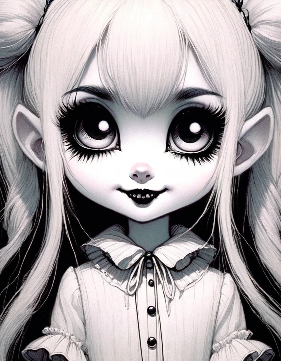 Soft, kawaii, detail, Gothic, dark, sketchy, monochrome, long eyelashes, big eyes, cute, detailed, wide smile, sharp teeth, 1girl, big eyes,, eyelashes, puffy sleeves, detached sleeves,, white hair, twintails, creepy, best quality, doe eyes, (art inspired in Skottie Young and Bill Sienkiewicz). oil painting) 
