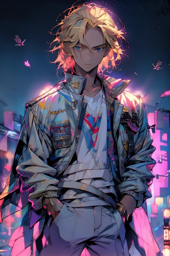 high detailed, 8k, highres, mikey, manjiro_sano, tokyo_revengers, 1boy, solo, male focus, blonde hair, shirt, jacket, hands in pockets, white shirt, pants, looking away, wind, jacket on shoulders, standing