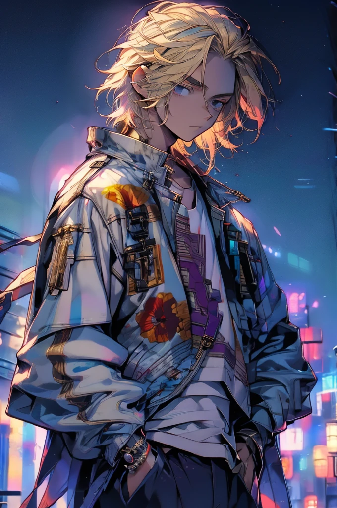 high detailed, 8k, highres, mikey, manjiro_sano, tokyo_revengers, 1boy, solo, male focus, blonde hair, shirt, jacket, hands in pockets, white shirt, pants, looking away, wind, jacket on shoulders, standing