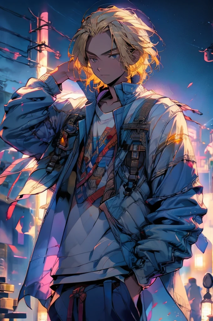 high detailed, 8k, highres, mikey, manjiro_sano, tokyo_revengers, 1boy, solo, male focus, blonde hair, shirt, jacket, hands in pockets, white shirt, pants, looking away, wind, jacket on shoulders, standing