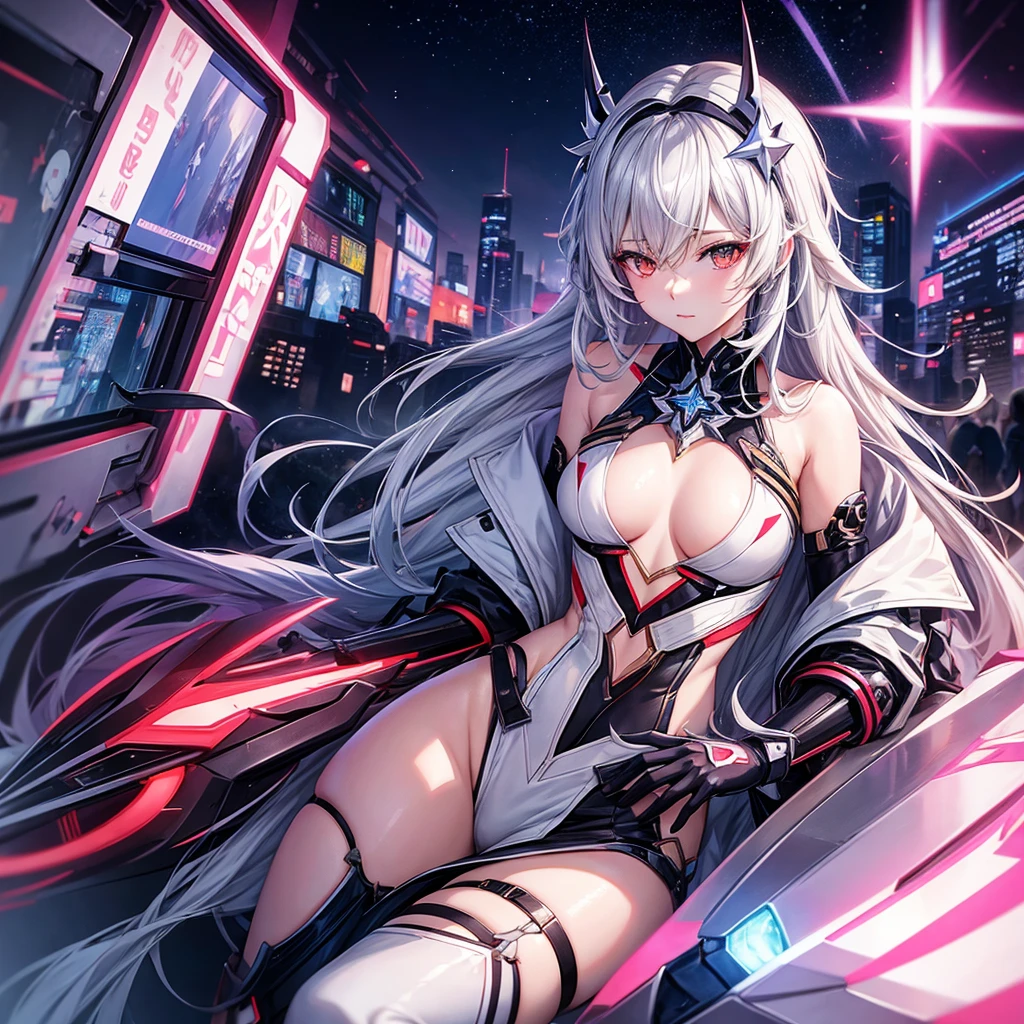 Anime girl, honkai star rail, silverwolf, revealing cyberpunk outfit, small breasts