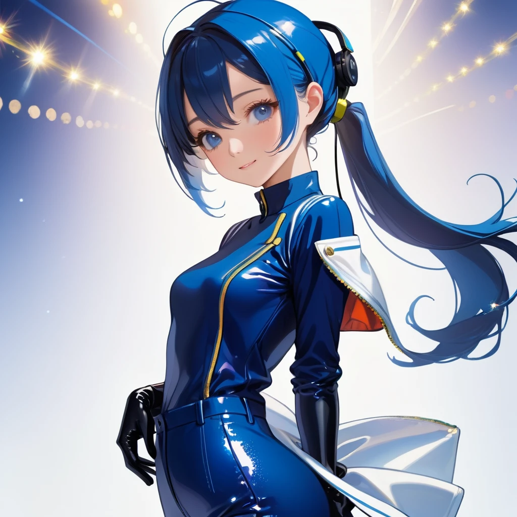 (masterpiece、Highest quality、Highest Resolution、Clear_image、Detailed details、The angle is from above): (A full-body view of a single girl with a Japanese face and small face、Navy blue high knot ponytail、Small breasts、Sparkling blue eyes、Pilot suit in white and navy blue colors、Tight fitting clothes、Clothing that covers the whole body、Tight Fit Pants、Hide your skin、Covering the thighs、Cover your shoulders、Very delicate and beautiful、Slim body、Cute、A gentle smile、Soft expression、heroine、headset、Knee-high boots、Elbow-length gloves)、（Simple Background、White background:1.5）