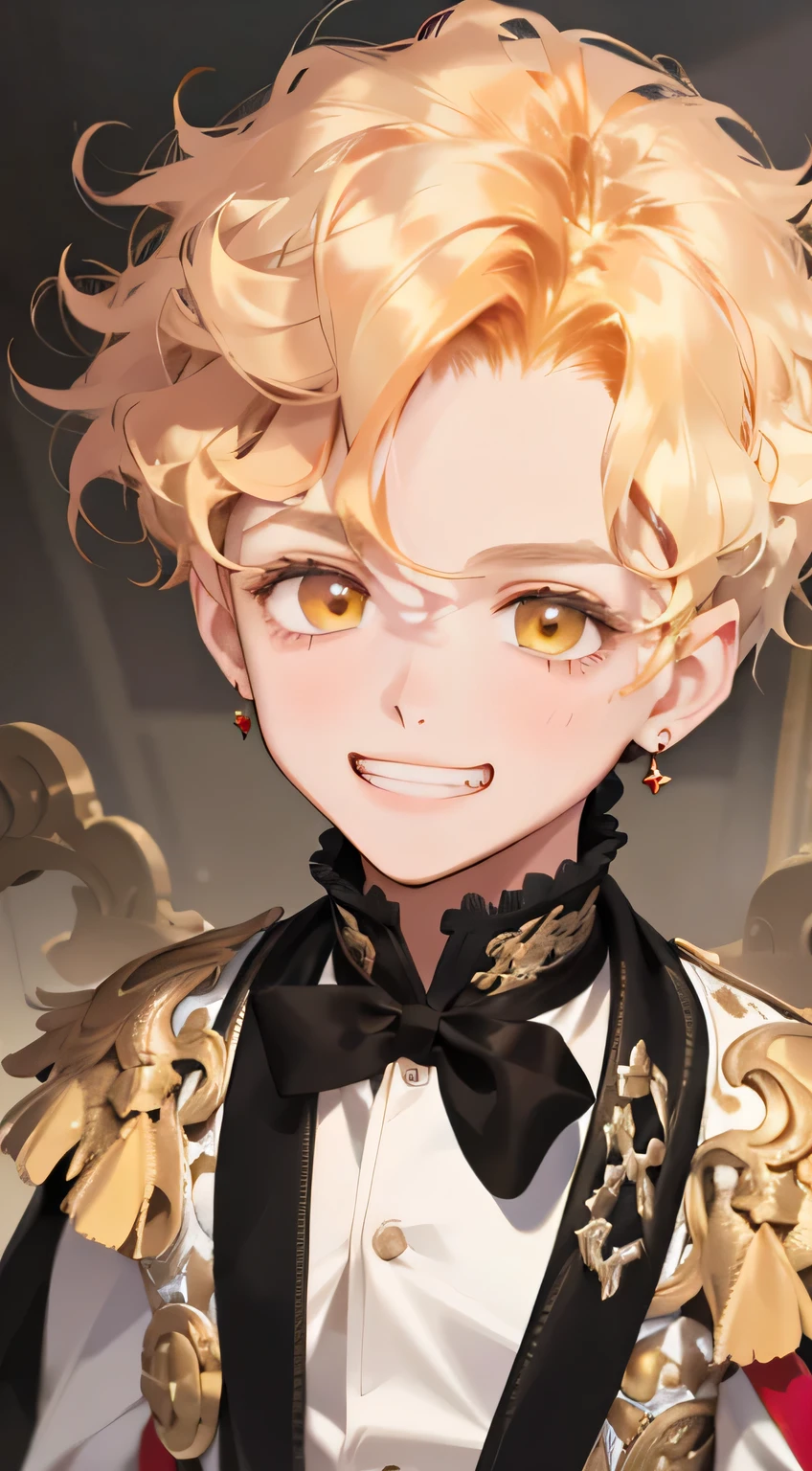 one boy,Bright eyes,Golden hair,wavy curly hair,,Red earrings,𝓡𝓸𝓶𝓪𝓷𝓽𝓲𝓬,elegance,young,pop art,Hyperresolution,accuracy,Detailed rendering,(cute face picture)(Picture of graceful hair)(top quality)(Workshop masterpieces)(High degree of completeness)(A sense of atmosphere)chedevr,ultra - detailed(half body portrait), blonde hair, short hair, grin, (a little boy)