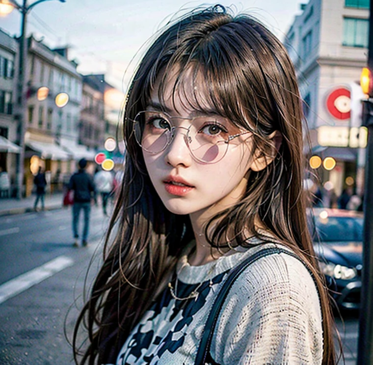 Real photo, (masterpiece:1.2),(Very detailed),(8k:1.1),(Perfect lighting,Highest quality,High resolution,original),(Realistic photos:1.4) ,28 years old、Korean Idols、Long Hair、Brown Hair、Model-like style、Street Snap、One woman、Cool clothes、Solo Snap、Mole under right eye、Natural color lip、sunglasses、Korean