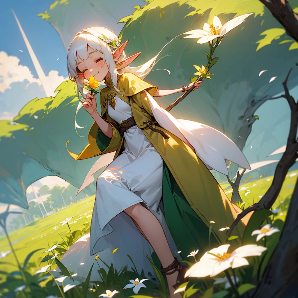 A sweet elf girl, slightly leaning towards the ground and holding a flower in her hand, smiles with her eyes closed
