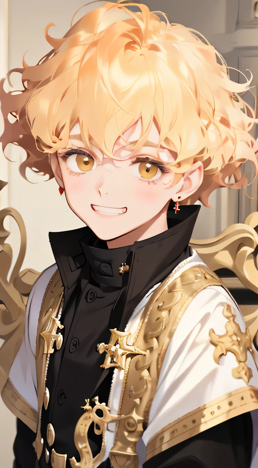 one boy，Bright eyes，Golden hair，wavy curly hair，，Red earrings，𝓡𝓸𝓶𝓪𝓷𝓽𝓲𝓬，elegance，young，pop art，Hyperresolution，accuracy，Detailed rendering，（cute face picture）（Picture of graceful hair）（top quality）（Workshop masterpieces）（High degree of completeness）（A sense of atmosphere）chedevr，ultra - detailed（half body portrait）, blonde hair, short hair, grin, (a little boy)