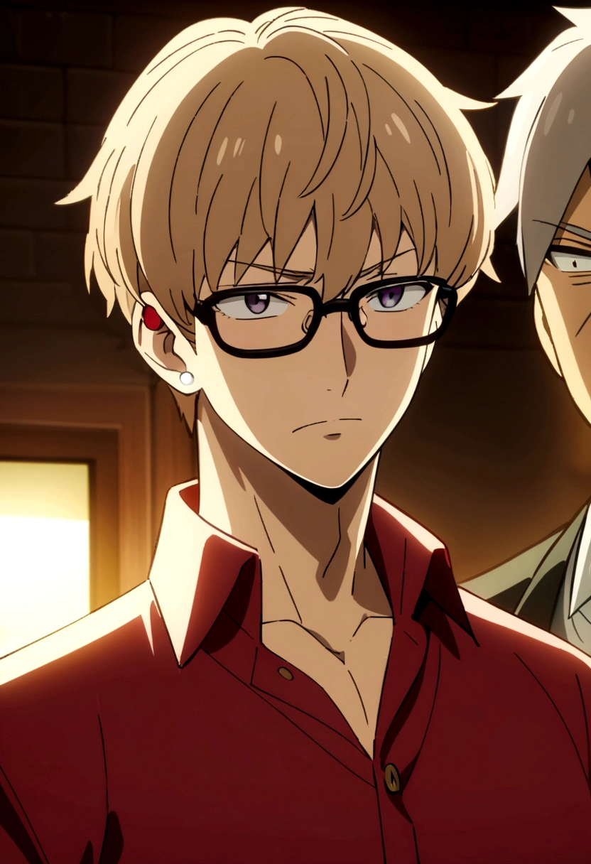 Captura de pantalla de Spy x Family (Anime Version)
Boy with modern short light brown hair Light dark eyes with glasses Brunette skin, cuerpo fornido, exercised and masculine He has a red button-down shirt and a piercing in his left ear Serious and attractive but charismatic expression, apariencia atractiva