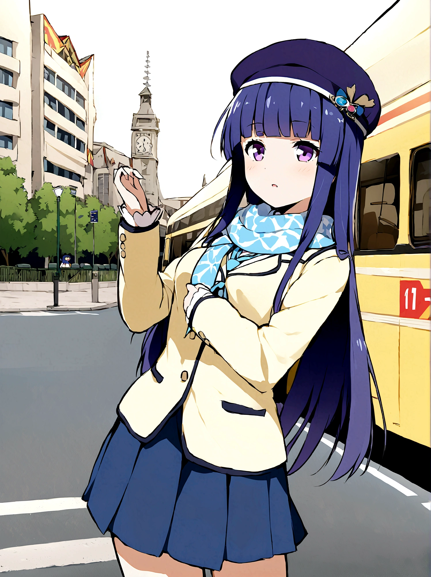 One Girl, alone, Full Autorica, cute, Blue Hair, Purple eyes, Long Hair, blunt bangs, bangs, chibi, hat, Scarf V-neck Back tie, Front Tie, White handbag, bus, bus Guide, Navy Blue Skirt, Suit skirt, Mid-length skirt, Tight Skirt, Light blue patterned scarf, Navy blue hat