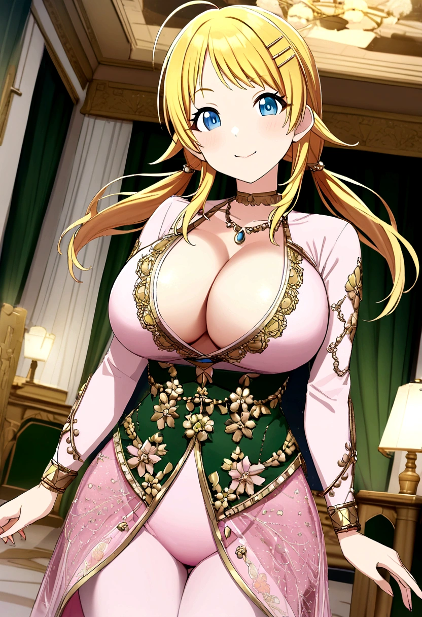 blonde Hachimiya Meguru with twintails, a very detailed face, blue eyes, a pink tight noble dress with very large breasts, a slim waist, slim hips, a very deep cleavage, golden necklaces and a golden choker, a broad green belt with flowers embroidered on it, standing in a palace room.