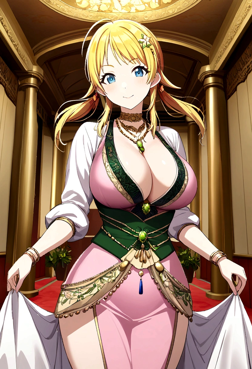 blonde Hachimiya Meguru with twintails, a very detailed face, blue eyes, a pink tight noble dress with very large breasts, a slim waist, slim hips, a very deep cleavage, golden necklaces and a golden choker, a broad green belt with flowers embroidered on it, standing in a palace room.