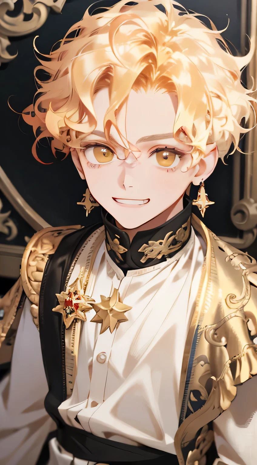 one boy,Bright eyes,Golden hair,wavy curly hair,,Red earrings,𝓡𝓸𝓶𝓪𝓷𝓽𝓲𝓬,elegance,young,pop art,Hyperresolution,accuracy,Detailed rendering,(cute face picture)(Picture of graceful hair)(top quality)(Workshop masterpieces)(High degree of completeness)(A sense of atmosphere)chedevr,ultra - detailed(half body portrait), blonde hair, short hair, grin, (a little boy)