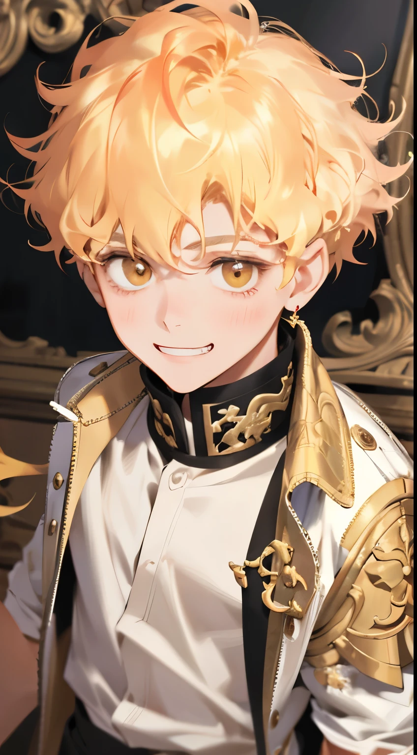 one boy，Bright eyes，Golden hair，wavy curly hair，，Red earrings，𝓡𝓸𝓶𝓪𝓷𝓽𝓲𝓬，elegance，young，pop art，Hyperresolution，accuracy，Detailed rendering，（cute face picture）（Picture of graceful hair）（top quality）（Workshop masterpieces）（High degree of completeness）（A sense of atmosphere）chedevr，ultra - detailed（half body portrait）, blonde hair, short hair, grin, (a little boy)
