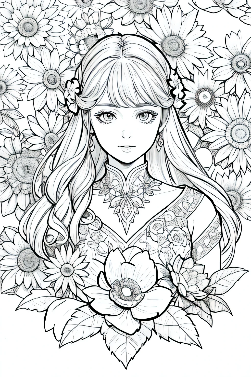 best quality, high resolution, detailed background, high contrast, A character tending to a beautiful flower garden in bloom, clean line drawings, vibrant colors