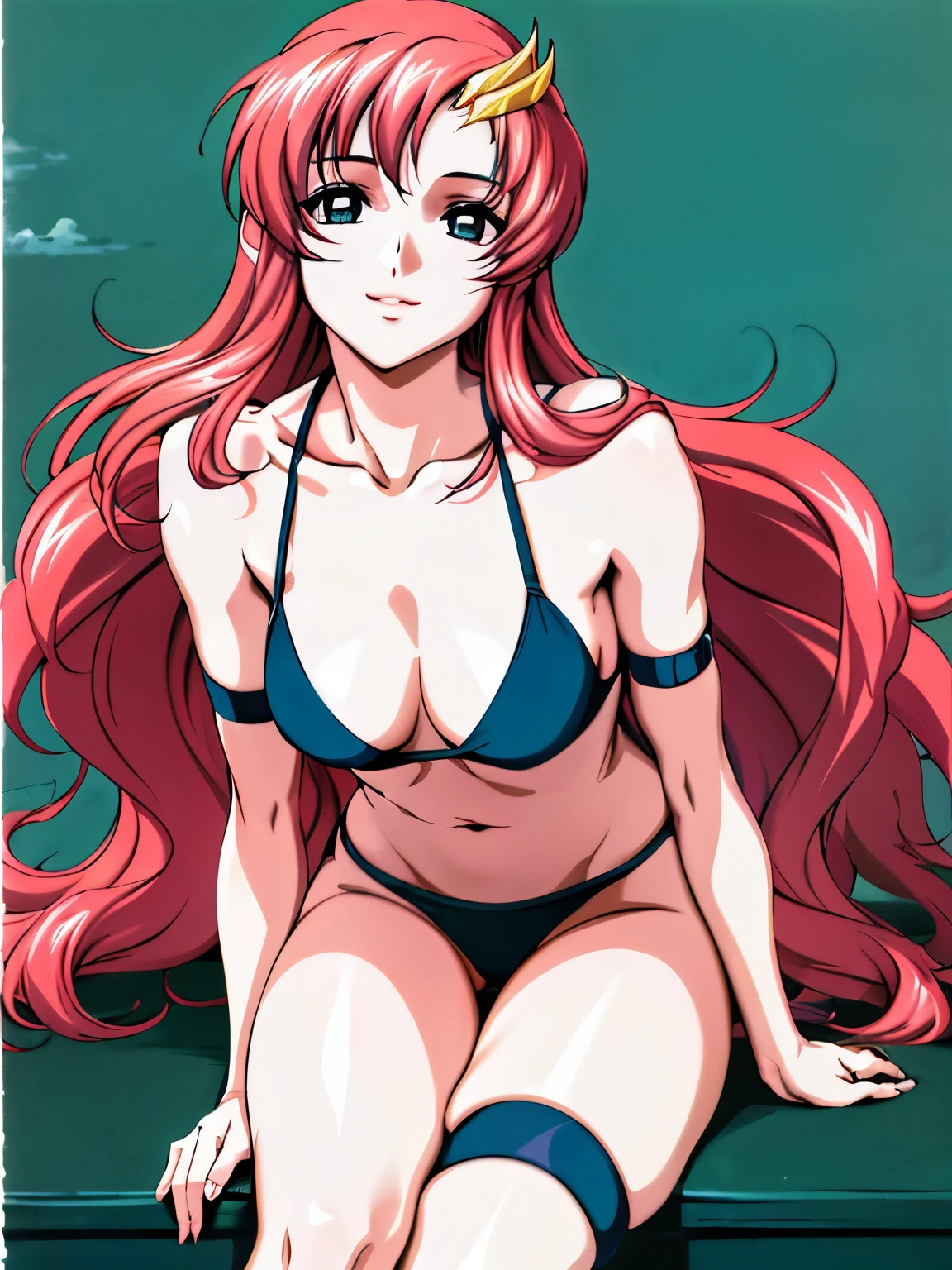 lacus4, (green bikini, lying, big pants, ((exposed pussy, leaning forward)), tall girl, masterpiece, cowboy shot, very slim shoulders, 4K, Best Quality, Anime style: 1.9, happy, Adult Woman, (ultra detailed head), (Crowd, cloud background), Drawing lines, high resolution, lacus4), clavicle, scapular, (Detailed wide hair bangs, Detailed reddish-pink hair, long detailed hair, slim arms, white skin), cleavage, (hair cover shoulders). (Big blue eyes, shiny eyes), ((female wrestler, (slim body), small shoulder blades, slim arms, thighs)), ((perfect proportions, medium breasts, medium thighs, half belly, defined arms)), ((leg strap)), smile with a wink, (lying, hot colors), detailed fingers, (bare shoulder, looking away)