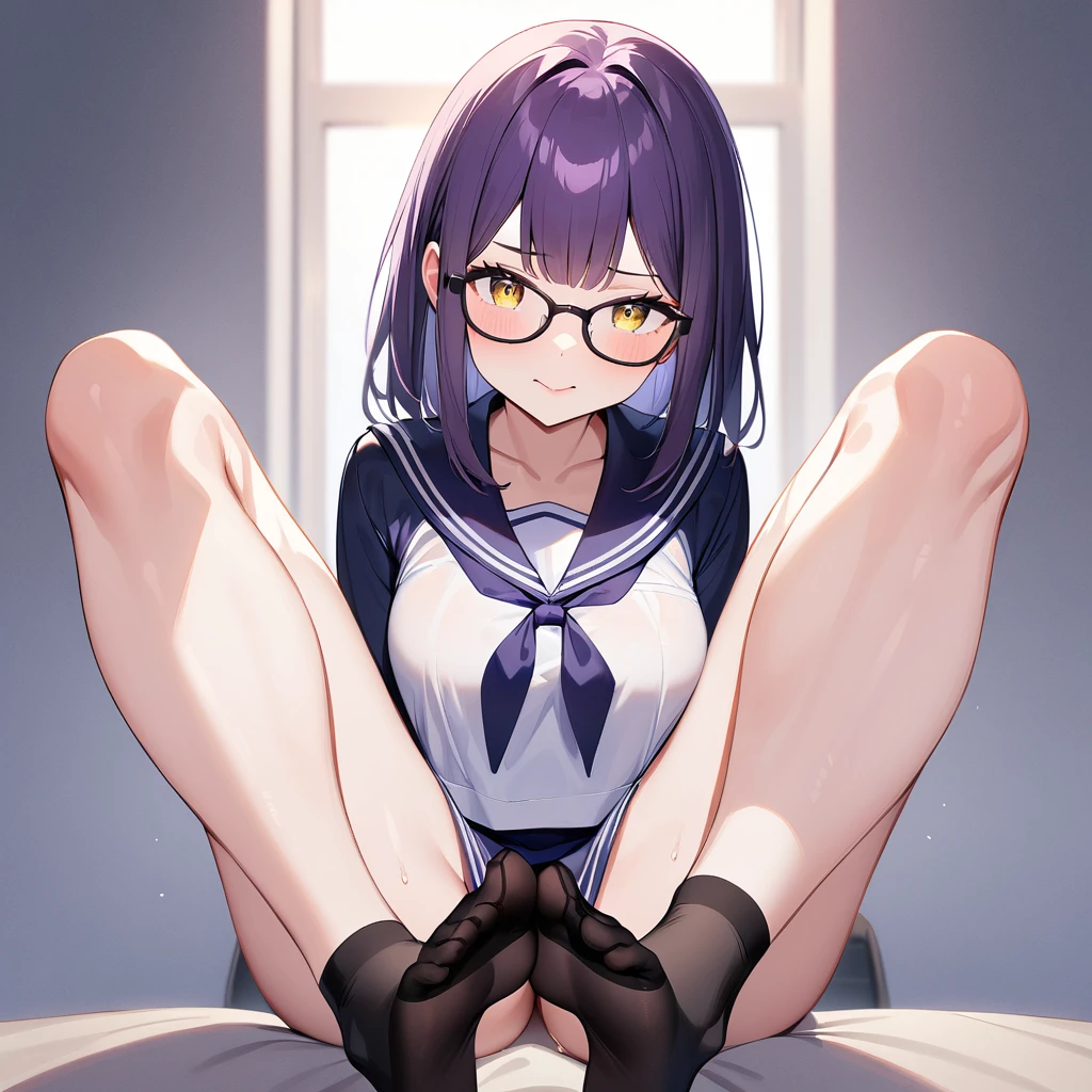 1girl,Solo),(pov),(nsfw),(Black socks),(feet up:1.1),dark purple hair,yellow eyes,medium breasts,sailor,straight hair,pov,straight on,best quality, very aesthetic, absurdres,Glasses