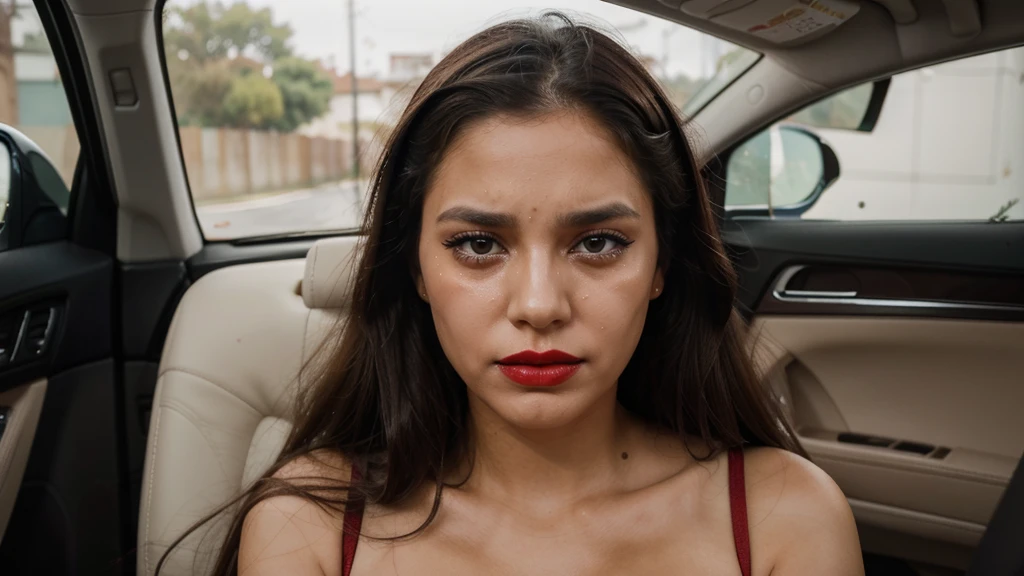 She is looking straight ahead and tears are crying on her face realista, she has red lipstick on, do her now in a car crying and makeup smeared, make her with tears on her face, expression of sadness, muitas lagrimas
