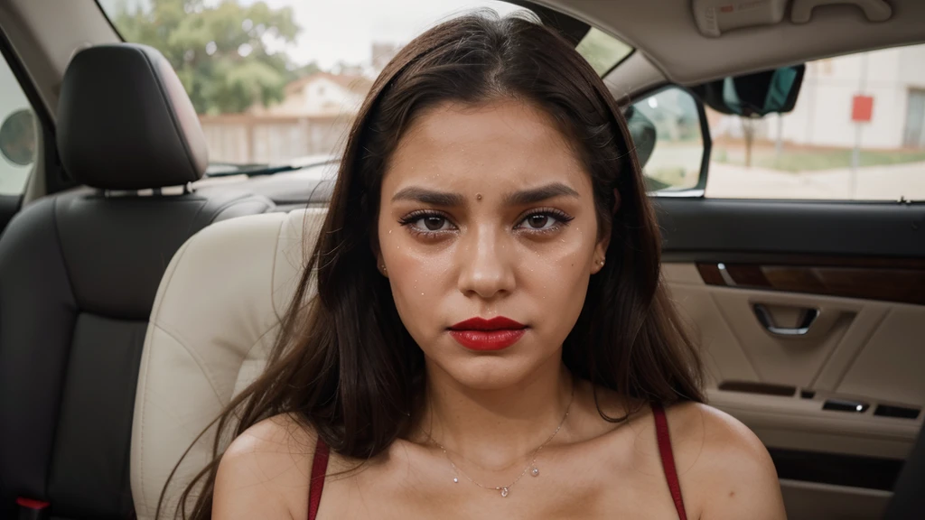 She is looking straight ahead and tears are crying on her face realista, she has red lipstick on, do her now in a car crying and makeup smeared, make her with tears on her face, expression of sadness, muitas lagrimas