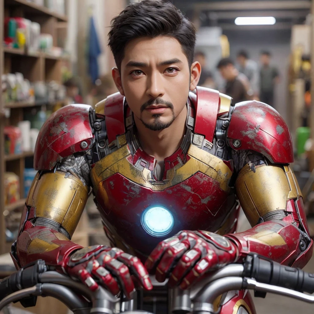 Gambarkan 3d hiper realistik seorang pria asia ,usia 25 tahun rambut short and spiky sedang di bengkel dengan kostum iron man ,4k,cinematic,uhd,ultra realistik