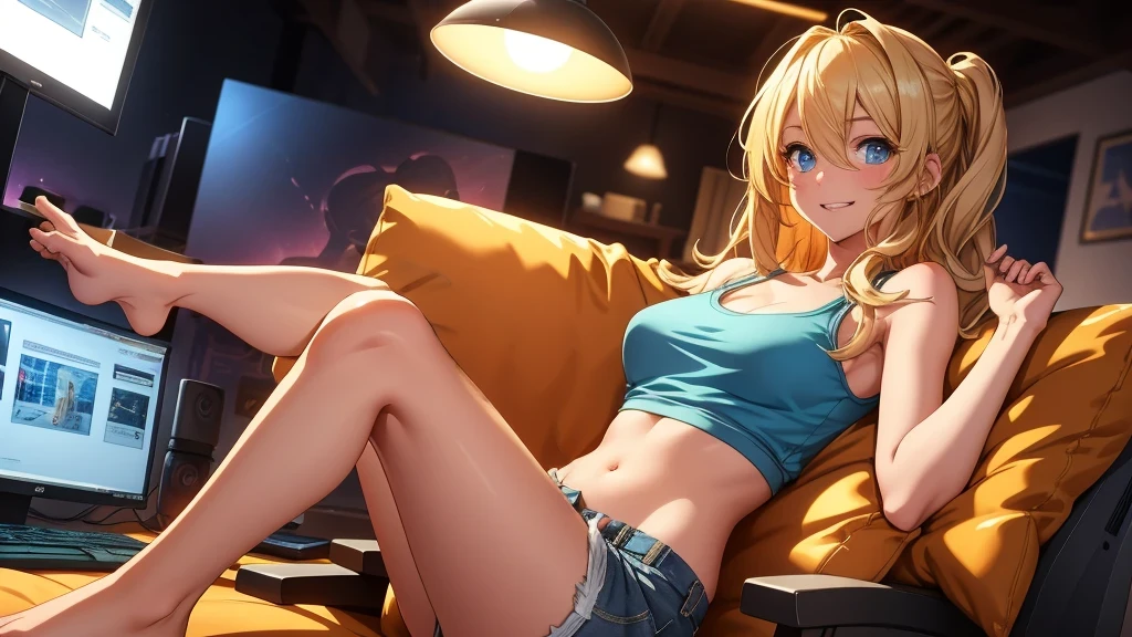 Create a high-quality, detailed image of a beautiful, sexy anime lofi girl with long blonde hair, bright blue eyes, and a smile, sitting at her gaming PC in a cozy lounge. She wears a tank top and shorts, showing her shoulder and midriff. The warm, inviting scene includes soft ambient lighting, comfortable seating, and a high-end PC setup with multiple monitors and RGB lighting. The girl is barefoot, and the setting is illuminated by a small lamp, creating a serene and intimate atmosphere