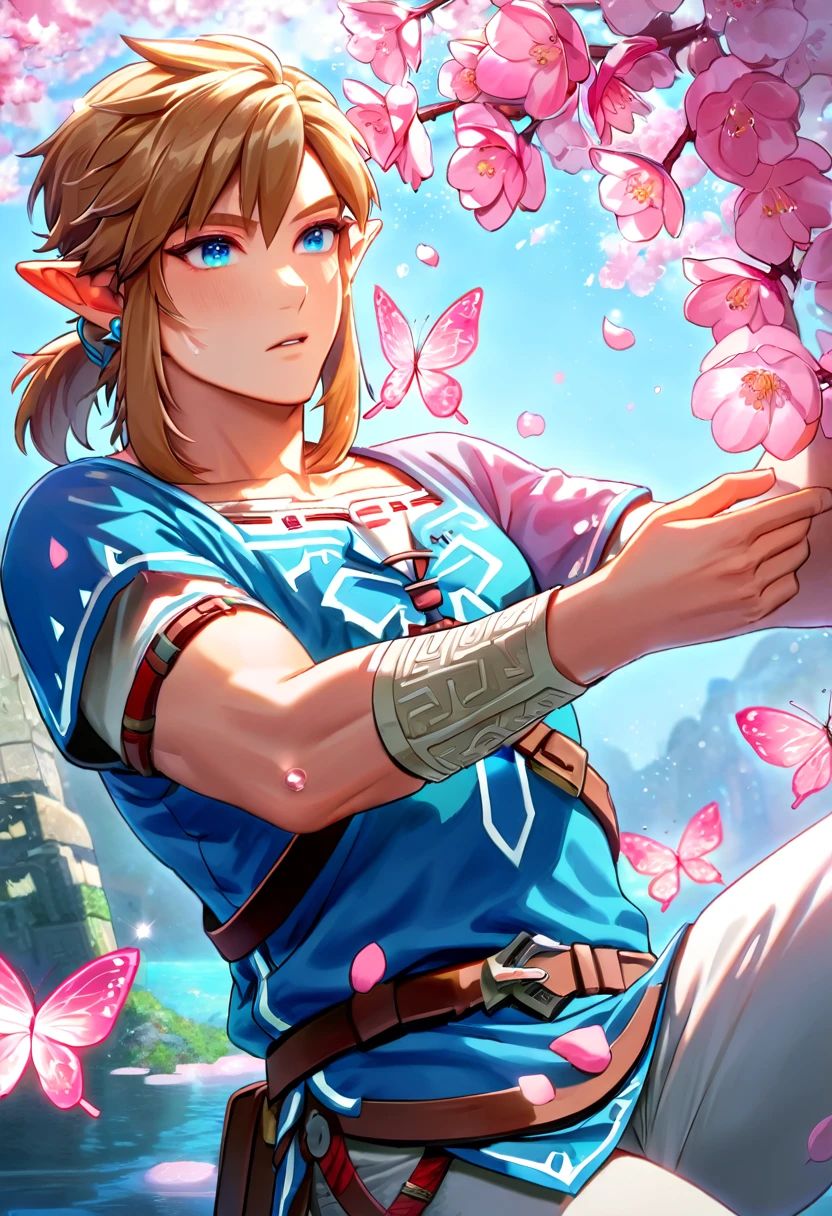 Ultra detailed, highres, absurdres, HDR, master piece, Link, blond hair, expressive blue eyes, blue tunic, The Legend Of Zelda (Breath Of The Wild), fantasy, pink petals, pink flowers, handsome, sexy man, solo, magical, shining, pink butterflies, best quality, extremely detailed face and eyes, water, blossoms, white pants