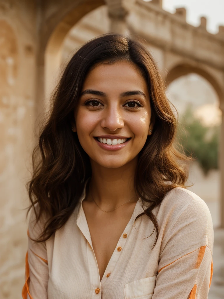28YO, one women, cute smile, white teethes, Arab, from Jordan, long burnt orange shirt, light brown eyes