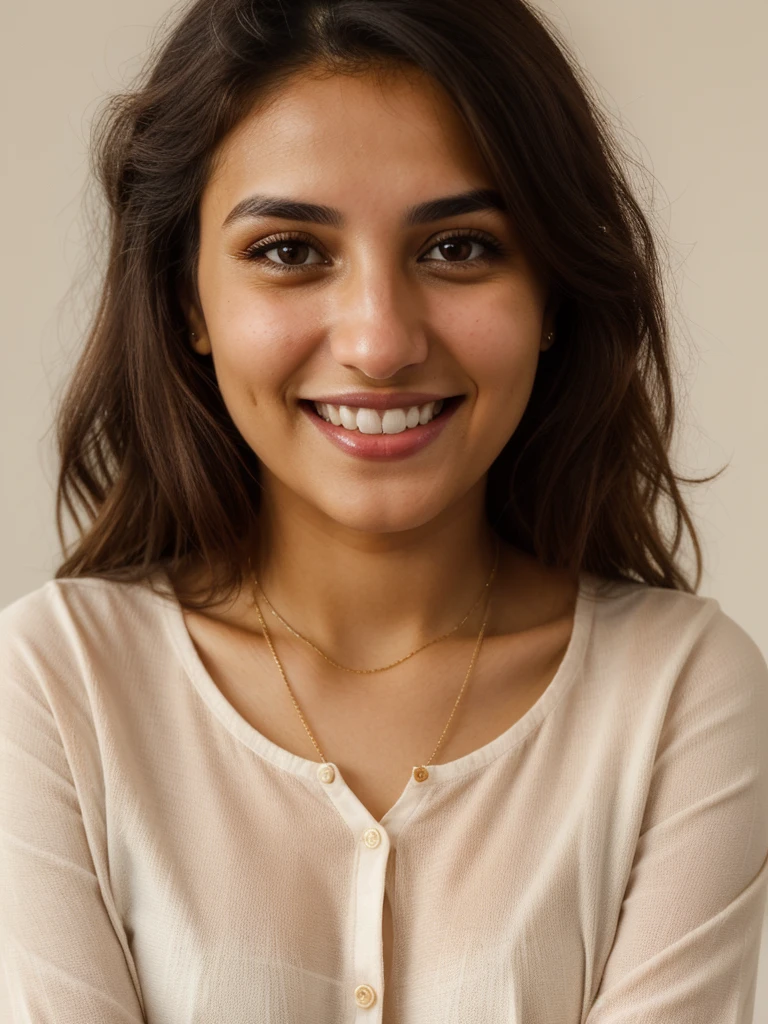 28YO, one women, cute smile, white teethes, Arab, from Jordan, long burnt orange shirt, light brown eyes