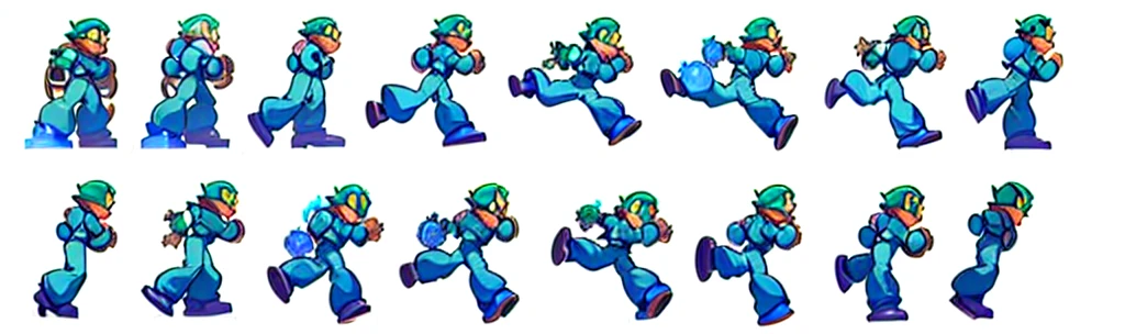 a close up of several different types of blue and green characters, Folha de sprite, Folha de sprite, Mega homem, mario Folha de sprite  walk cycle, megaman, sprites, ator 2ds, ator de videogame, ator 2d, conjunto de sprites HD de alta qualidade, super nintendo game sprite, water elves, super super dynamic dynamic pose