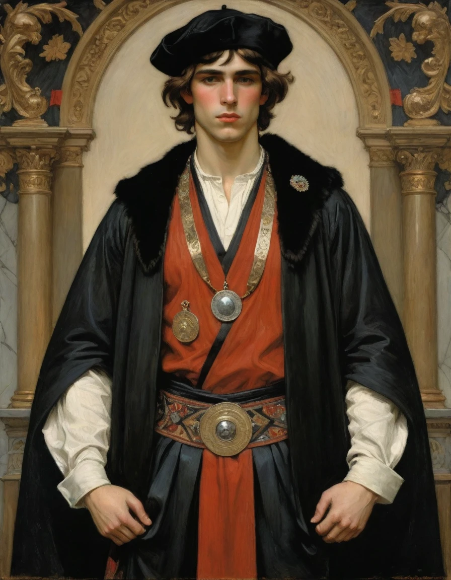 Design me a {{Colossal Masterpiece, high detail}}, a ((((full body portrait, male focus)))), ((by John William Waterhouse)), (by J. C. Leyendecker), the composition is: a very young male nobleman, sullen, facing viewer. He is wearing a fur hat. He is wearing a black Slavic caftan with Praetorian elements, sashes, medals, red diamond pendant