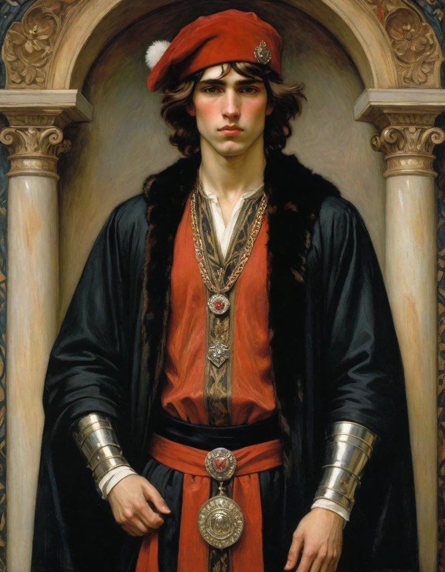 Design me a {{Colossal Masterpiece, high detail}}, a ((((full body portrait, male focus)))), ((by John William Waterhouse)), (by J. C. Leyendecker), the composition is: a very young male nobleman, sullen, facing viewer. He is wearing a fur hat. He is wearing a black Slavic caftan with Praetorian elements, sashes, medals, red diamond pendant