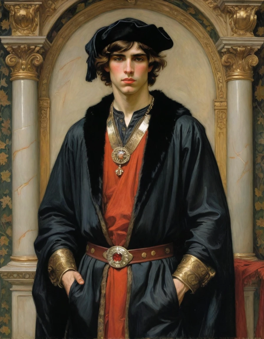 Design me a {{Colossal Masterpiece, high detail}}, a ((((full body portrait, male focus)))), ((by John William Waterhouse)), (by J. C. Leyendecker), the composition is: a very young male nobleman, sullen, facing viewer. He is wearing a fur hat. He is wearing a black Slavic caftan with Praetorian elements, sashes, medals, red diamond pendant