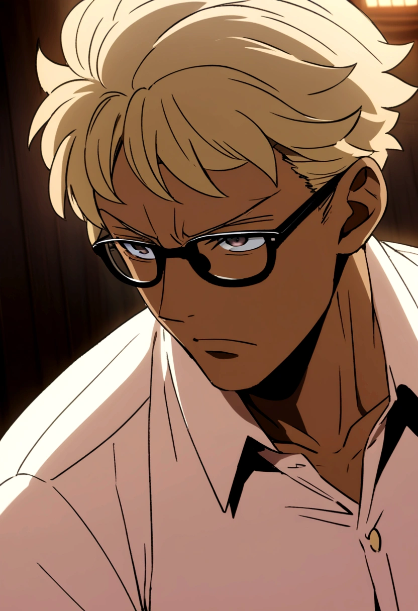 Captura de pantalla de Spy x Family (Anime Version)
Boy with very short light brown hair Light dark eyes with glasses Brown skin, cuerpo fornido, exercised and masculine He has a red button-down shirt and a piercing in his left ear Serious and attractive but charismatic expression, apariencia atractiva