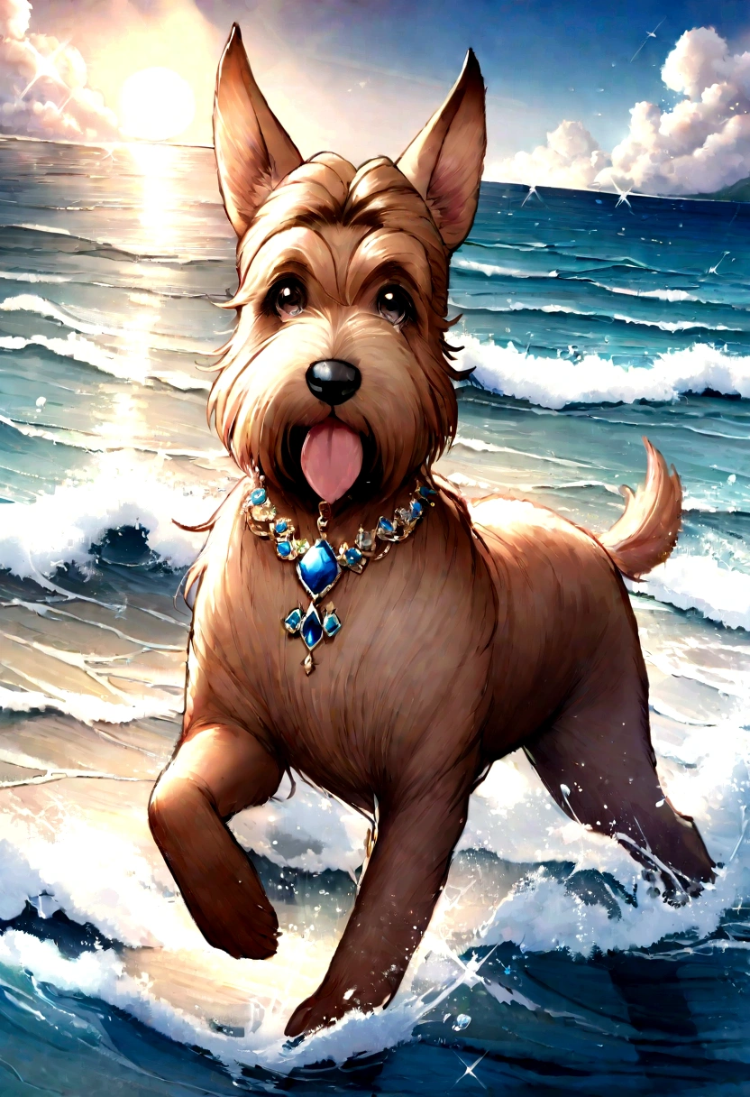 masterpiece level, amazing style, norwich terrier(Norwich Terrier) A red dog of the breed is running along the beach., The bright sun shines, The spray of the waves sparkles in the light, Two dolphins are seen in the water.