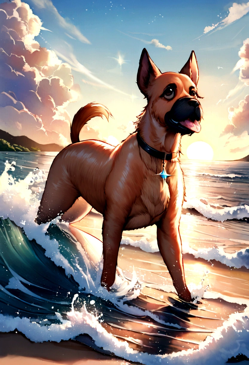 masterpiece level, amazing style, norwich terrier(Norwich Terrier) A red dog of the breed is running along the beach., The bright sun shines, The spray of the waves sparkles in the light, Two dolphins are seen in the water.