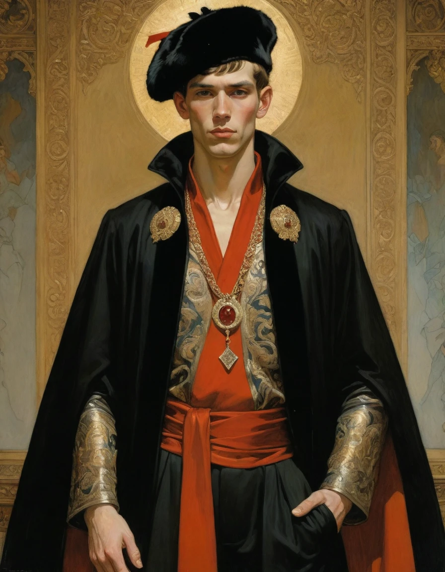 Design me a {{Colossal Masterpiece, high detail}}, a ((((full body portrait, male focus)))), ((by Moebius)), (by J. C. Leyendecker), the composition is: a very young male nobleman, sullen, facing viewer. He is wearing a fur hat. He is wearing a black Slavic caftan with Praetorian elements, sashes, medals, red diamond pendant