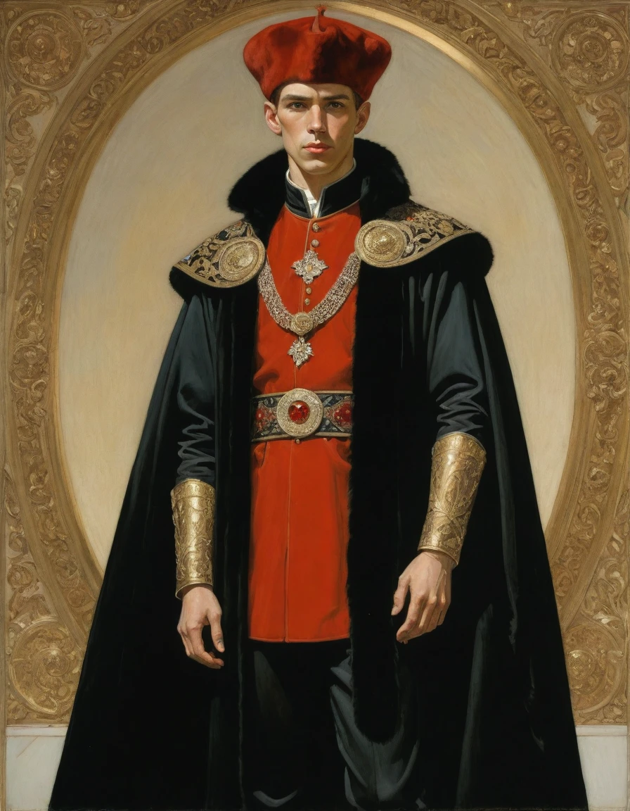 Design me a {{Colossal Masterpiece, high detail}}, a ((((full body portrait, male focus)))), ((by Moebius)), (by J. C. Leyendecker), the composition is: a very young male nobleman, sullen, facing viewer. He is wearing a fur hat. He is wearing a black Slavic caftan with Praetorian elements, sashes, medals, red diamond pendant