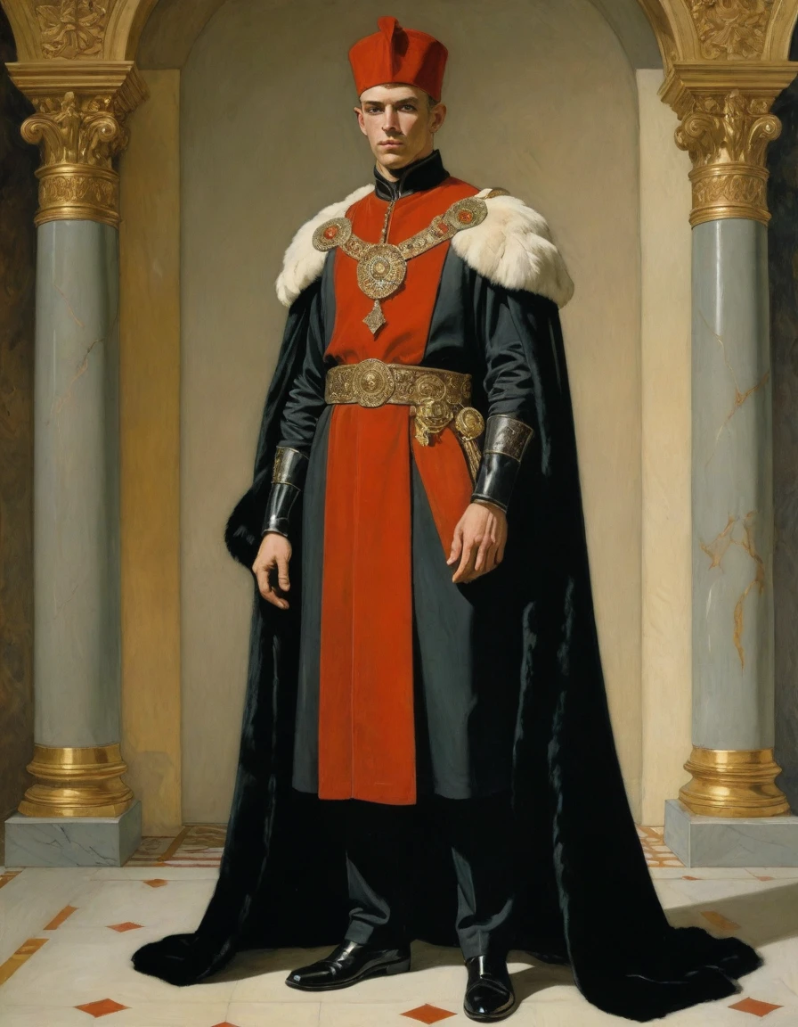 Design me a {{Colossal Masterpiece, high detail}}, a ((((full body portrait, male focus)))), ((by Moebius)), (by J. C. Leyendecker), the composition is: a very young male nobleman, sullen, facing viewer. He is wearing a fur hat. He is wearing a black Slavic caftan with Praetorian elements, sashes, medals, red diamond pendant