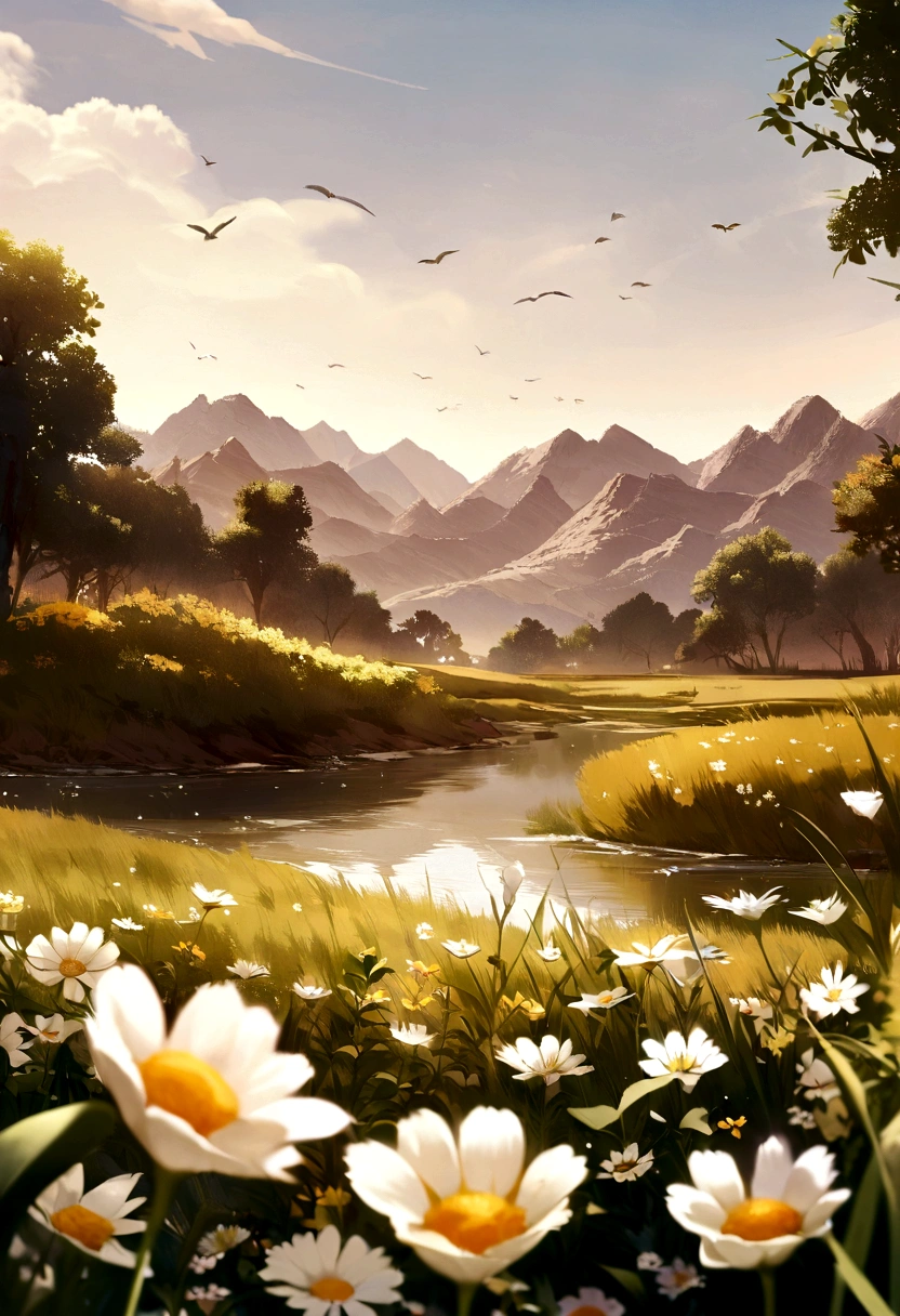 There is an oasis in the middle of the arid desert.,En la distancia, you can see the birds singing and the flowers.,Hay un lago muy claro.,