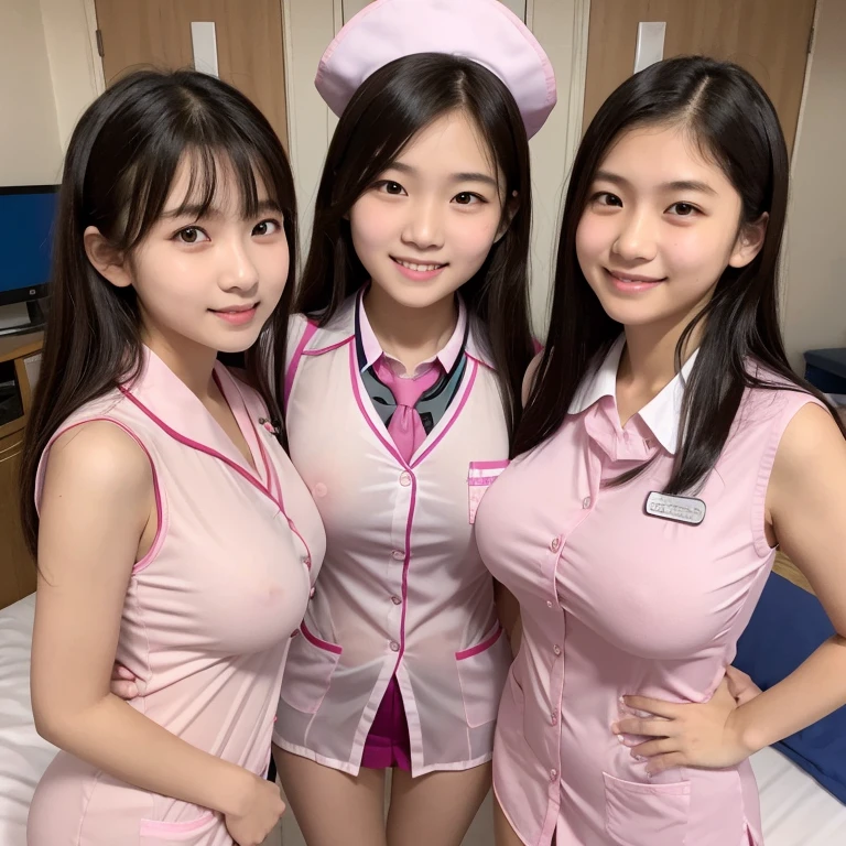 (high quality)、(high resolution)、Two  high schoolng at me with a smile、whole body、Big Breasts、A tight, see-through, sleeveless pink nurse uniform with buttons and a collar、Erect nipples、(Lift your chest with both hands:1.1)、Cowboy shots on the bed