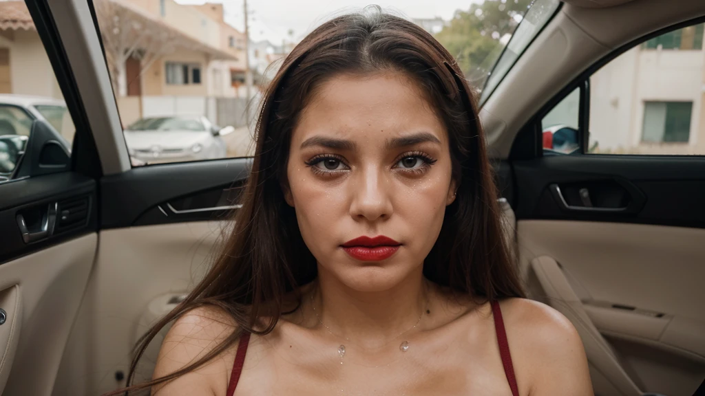 She is looking straight ahead and tears are crying on her face realista, she has red lipstick on, do her now in a car crying and makeup smeared, make her with tears on her face, expression of sadness, boca aberta muitas lagrimas