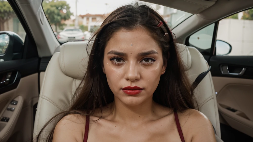 She is looking straight ahead and tears are crying on her face realista, she has red lipstick on, do her now in a car crying and makeup smeared, make her with tears on her face, expression of sadness, boca aberta muitas lagrimas
