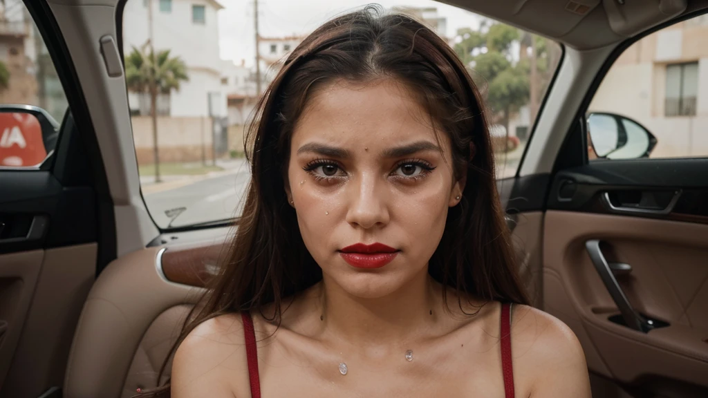 She is looking straight ahead and tears are crying on her face realista, she has red lipstick on, do her now in a car crying and makeup smeared, make her with tears on her face, expression of sadness, boca aberta muitas lagrimas